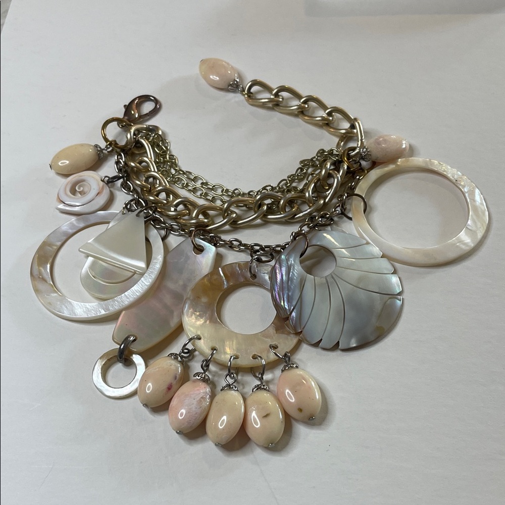 Vintage Repurposed Seashell  Charms Gold Tone Chains Statement Bracelet